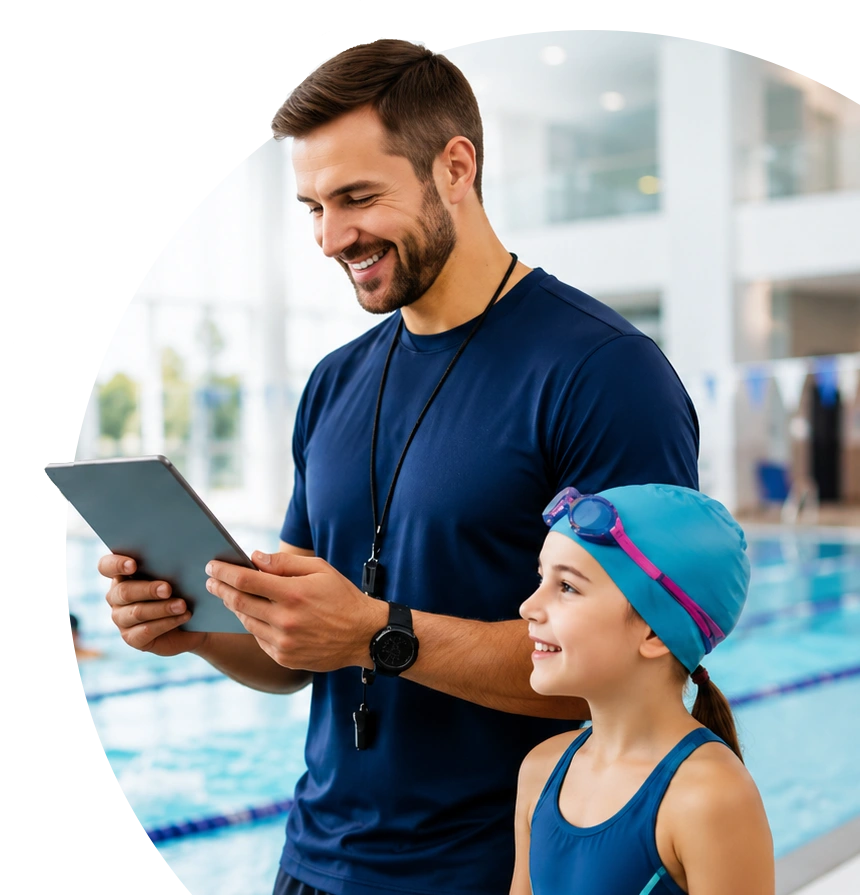Swim coach reviewing training on a tablet with a young student